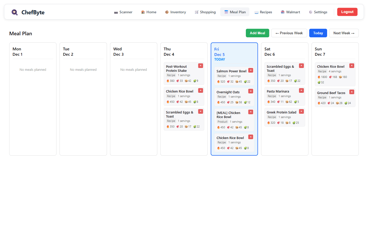 ChefByte meal plan view