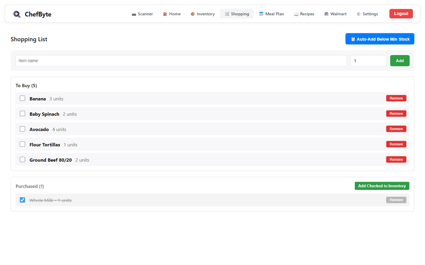 ChefByte shopping list